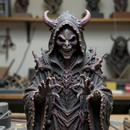 photo taken of an epic intricate, ultra detailed, super realistic sculpture of a nightmarish hellish demonic hooded grim reaper sculpture on display in a workshop, created by weta workshop, head shots, photorealistic, sharp focus, f 0. 4, face centred, golden ratio