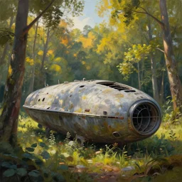 hyper realistic painting of abandoned rounded military spaceship in the summer forest brom, sunrise, mucha, moebius, craig mullins, juan gimenez artstation cgsociety