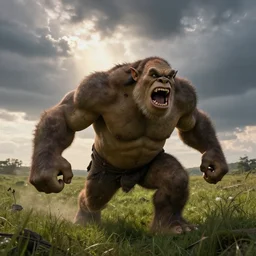 a huge violent angry ogre stomps through a meadow, crepuscular rays, photorealistic