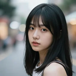 A photo of a realistic-looking anime girl with black hair, highly detailed, bokeh, 90mm, f/1.4
