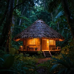 highly detailed realistic photo of glowing hut in the middle of dark jungle at night, vibrant colors, award winning masterpiece photography, hyper realistic, concept art, 8 k detail post - processing