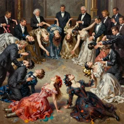 men and women in expansive suite and dress changing they each other heads, collapse, colour splashes, wide angle, extremely high details quality, bao phan, viktor safonkin, bruce pennington, larry elmore, intricate, hyperrealistic oil painting on canvas, deep depth field, hd, hdr, 4 k, 8 k