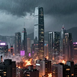 3 5 mm atmospheric urban photographic landscape of hong kong 2 0 xx, blade runner 1 9 8 2 city, futuristic dystopian megacity skyline with towering mega - skyscrapers, falling rain, neon, industrial fires and smog, matte painting, cinematic composition, dramatic cinematography 3 5 mm