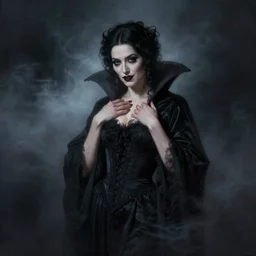 Demonic beautiful vampire woman mistress of death mourning widow vintage gown with a faint smile dark lipstick, emerging from dark fog and smoke, colourful trending artstation, detailed portrait academic caravaggio Bouguereau, sharp focus medium shot