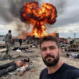 nuclear explosion in the background, dying people with burns all over their bodies in ukraine, selfie