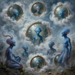 celebration : : vapors : : looking at many clouded round mirrors : : fantasy art : : blue - skinned aliens : : ethnological photomanipulation painting : : 4 k extremely detailed