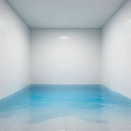 flooded room made of white tiles, liminal space, surreal, minimalist architecture, blue water,