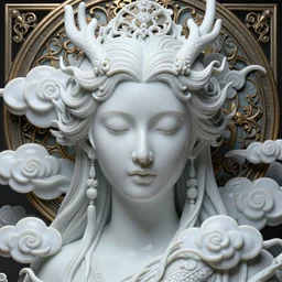 detailed realistic face portrait octane render, artwork by james jean, chiara bautista, smooth polished matte porcelain, beautiful cloud dragon goddess, jean delville, art nouveau, james jean spiraling clouds, ornate metal gothic icon heavy patina, joy, delicate, enchanting, otherworldly, whimsical, ethereal, mythology, magical