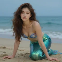 beautiful painting of a mermaid posing on a beach, female gaze, dreamy eyes, beautiful lighting, cinematic, highly detailed, 4 k, rembrandt
