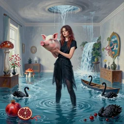 tall female emo artist holding a pig's head in her flooded apartment, mushrooms, octopus, water gushing from ceiling, painting of flood waters inside an artist's apartment, a river flooding indoors, pomegranates, ikebana, zen, rapids, waterfall, black swans, canoe, berries, acrylic on canvas, surrealist, by magritte and monet