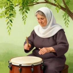 a babushka playing drums, branches from trees hang over her head, digital art