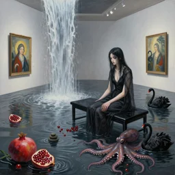 painting of a flooded nagasaki art gallery, black lounge, a tall emo girl, art gallery interior, a black bench chair, waterfall, sensual, pomegranates, berries, octopus, zen, black swans, surrealist, by magritte and monet