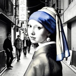 beautiful portrait of a woman, negative no not the girl with a pearl earring, highly detailed ink illustration of a narrow neon lit tokyo alley, b & w clean shaped illustration by kim jung gi, ric estrada, ron english and eiichiro oda