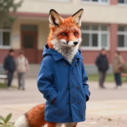 portrait of a fox wearing blue coat stood outside a school, trending on artstation, highly detailed, digital painting, volumetric light, concept art, middle focus, illustration, lighting by Marc Adamus, daren bader, aleksi briclot, rutkowski, bouguereau