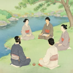 four people meditation near a spring, by ohara koson