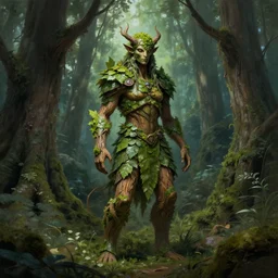 mos - covered wood spirit with skin of leaves and armor of bark standing in a sacred grove. d & d fantasy art, digital painting, magical forest, 8 k resolution, volumetric lighting, full - length portrait.