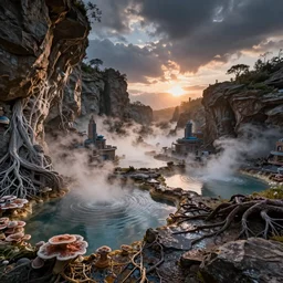 wet expansive caves with growing fungal mycelium biodiversity ,deep boiling pools of water reflecting the surfaces around them spraying steam high into the air , small futuristic cities emerge in between the rock formations, dramatic dusk sun illuminates areas and cast strong shadows, volumetric light through the boiling mist ,detailed entangled fibres carpet the fallen rocks , tree roots puncture and crack rocks , stormy clouds gather in the distance ,full colour , upscale , 8k