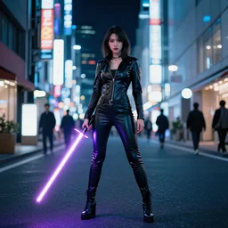 full body photo of a girl in tight leather clothes holding a lightsaber in tokyo street, night, cinematic, cyberpunk, neon