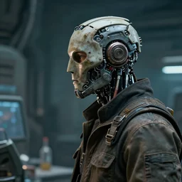 a rugged laboratory engineer man with cybernetic enhancements as seen from a distance, scifi character portrait by greg rutkowski, craig mullins, 1 / 4 headshot, cinematic lighting, dystopian scifi gear, profile picture, mechanical, cyborg, half robot, implants, mask, dieselpunk