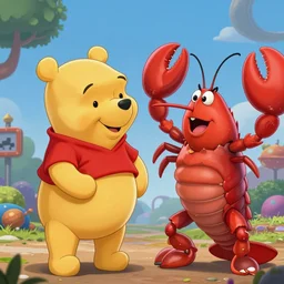 winnie the pooh having a fight with pinchy the lobster, cyberpunk, vibrant, hyper detailed
