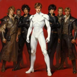 full character of a handsome futuristic superhero in white clothes, character design, painting by gaston bussiere, katsuya terada, nc wyeth, greg rutkowski, craig mullins, vermeer, frank frazetta, mucha, tom of finland, trending on artstation, jeffery catherine jones, rule of thirds, red, dark