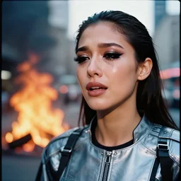 Cinestill 50d candid photography of a city on fire, a techwear mixed woman wearing thick mascara and dark glitter makeup crying outside of a city on fire, tattoos, tilted frame, 4k, 8k, hd, full color, long shot, wide shot, full shot, blurry