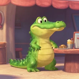 an alligator working in a flafel stand by pixar