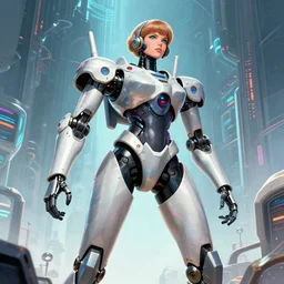 attractive biomechanical female mecha in feminine pose on a hyper-maximalist overdetailed retrofuturist scifi bookcover illustration from '70s. Inspired by gundam and shadowrun book cover illustrations. Biopunk, solarpunk style. Daytime. Made by echo chernik. Artstation.