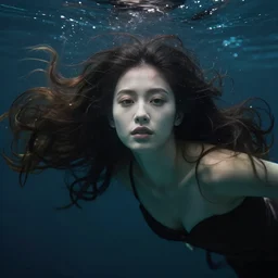 a beautiful woman underwater with flowing long hair, 8 k, sensual, hyperrealistic, hyperdetailed, beautiful face, long hair windy, dark fantasy, fantasy portrait by laura sava