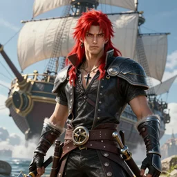 an epic fantasy comic book style portrait painting of a long haired, red headed male sky - pirate in front of an airship, unreal 5, daz, hyperrealistic, octane render, cosplay, rpg portrait, dynamic lighting, in the style of final fantasy