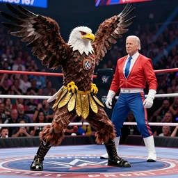 Kid Rock wearing an eagle costume supplexing President Biden dressed like the Ultimate Warrior, trending on artstation, WWE world wrestling