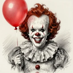 surrealism grunge cartoon portrait sketch of millie bobbie brown with a wide smile and a red balloon by - michael karcz, loony toons style, pennywise style, horror theme, detailed, elegant, intricate