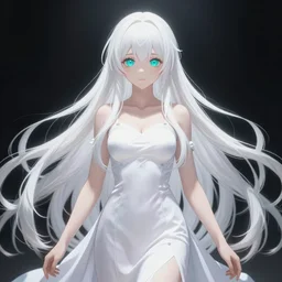 visual novel character, symmetrical full body shot, stunningly beautiful omnipotent asi goddess with beautiful hyperdetailed symmetrical face, porcelain skin covered in long white dress, long white hair, symmetrical, overwhelming, innocent, ethereal, mesmerizing cyan eyes, 2 d anime style, 8 k