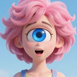 a cyclops girl with a blue eye. pink afro hair. big mouth. 4k. ultrarealistic. render in octane
