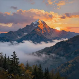 mountains, clouds, trees, sunset, beautiful nature, hyperdetailed, focused, cinematic lighting, oil painting, colorful, canvas, artstation, Albert Bierstadt, Hans Dahl, Theodor Kittelsen, Hermann Hendrich, Konstantin Yakovlevich Kryzhitsky
