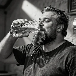 Portrait of a big burly, brawny man with a thick soft beard drinking beer from a pint, smilling as the beer spills in his bead, black and white photography, use of shadows