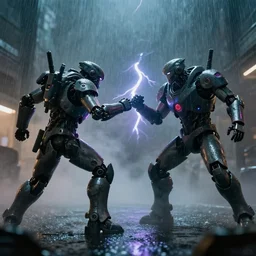 cyberpunk robot warriors battling each other in heavy rain, ground fog, moody lighting, 8 k, lightning, shallow depth of field, cinematic lighting,