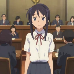Anime key visual of Mitsuha Miyamizu from Your Name being questioned by the Senate Watergate Committee (1973)