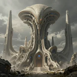 brutalist alien civilization, matte painting by Martin Deschambault, featured in artstation, octane render, cinematic, elegant, intricate, 8k, scifi, futuristic