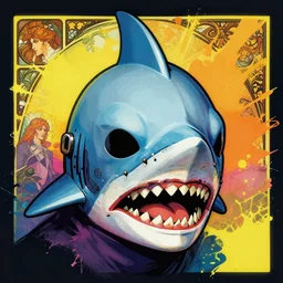 biopunk shark mask link from fallout, portrait illustration, pop art, splash painting, art by geof darrow, ashley wood, alphonse mucha, makoto shinkai