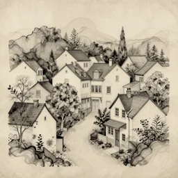 an elaborate and dense painting of a beautiful peaceful neighborhood scene, detailed, made of alcohol ink on parchment and penned illustrations, by wes anderson!!!!!! and geoff darrow