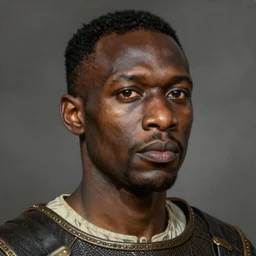 A Crusader Kings II portrait of an African man with high cheekbones. Good bone structure. Dressed in 1940s style. Highly detailed, fine Art, high detail, great lighting, 8k resolution, masterpiece, concept art, illustration, clear eyes, painting oil on canvas, octane render, HDR, trending on artstation, 4k, 8k, HD
