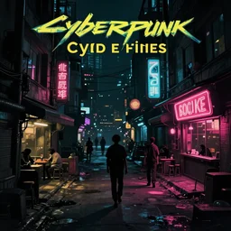 cyberpunk street at night with shops and bars, neons, shadows, very dark, shady characters, dirty, poor, futuristic