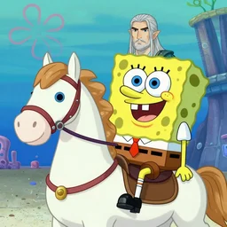 spongebob as geralt of rivia in the witcher 3, riding his horse