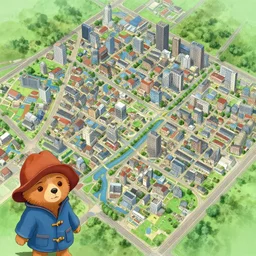 the adventures of paddington, ghibli, pokemon sword and shield town layout. city planning, bird's eye view.