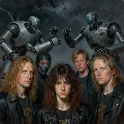 concept art, of [ rage against the machine ] band memebers, very close shot!!! humans fighting with robots behind!!, detailed, dark concept art, dark skies painting by wlop, nixeu and greg rutkowski, beautiful, semirealism, artstation, octane render, oil painting, sharpness, 8 k, golden ratio