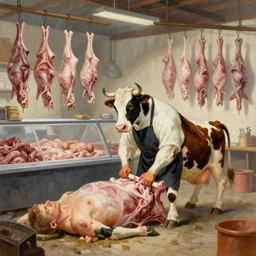 illustration, a butcher shop, an anthropomorphic cow is the butcher, the cow is slaughtering the humans, human corpses are hanging from hooks, painting