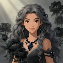 a young female mythical tribal warrior girl, goddess of obsidian diamonds and black peonies, with long curly gray hair, perfectly proportioned face, brown eyes, sweet smile, strong jawline, natural lighting, path traced, god rays, highly detailed, high quality, cartoon, digital painting, by new haicheng studio ghibli and riccardo federici and alphonse mucha and donato giancola, muted colors