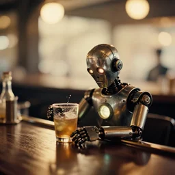 a 2 8 mm macro kodachrome photo of a sad metallic cyborg with glowing lights getting drunk alone at a bar in the 1 9 5 0's, seen from a distance, bokeh, canon 5 0 mm, cinematic lighting, film, photography, golden hour, depth of field, award - winning
