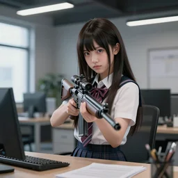 magical and mystical school girl holding a sniper rifle on modern a office, octane render, rembrandt, cgsociety, artstation trending, highly detailded